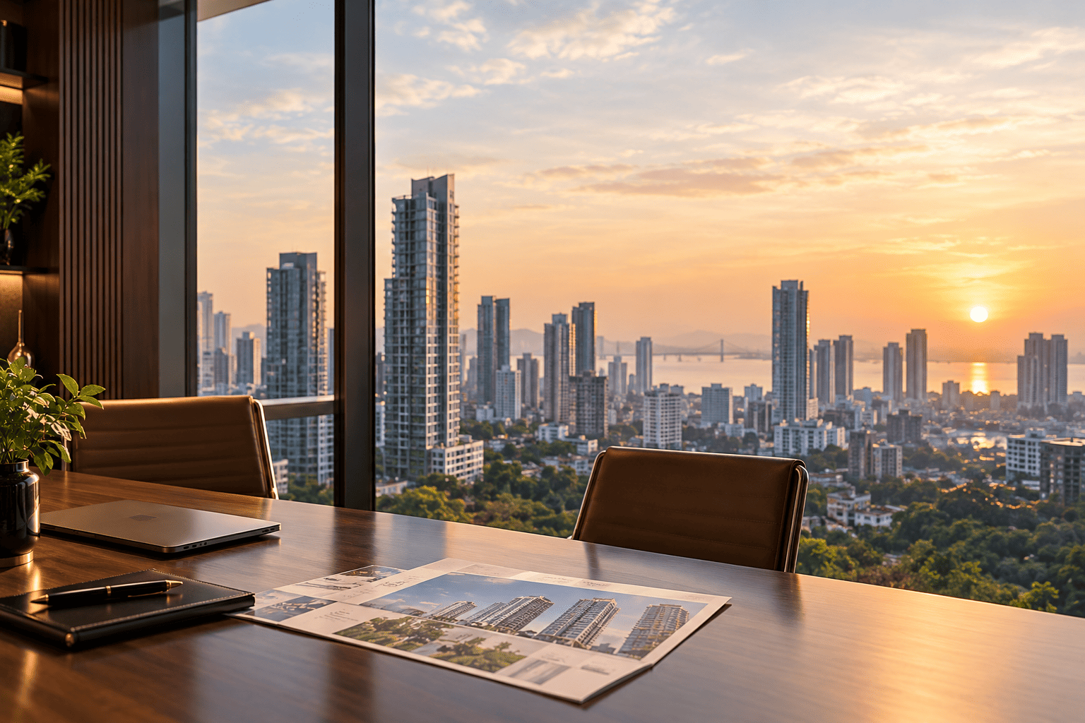Modern real estate skyline and workspace